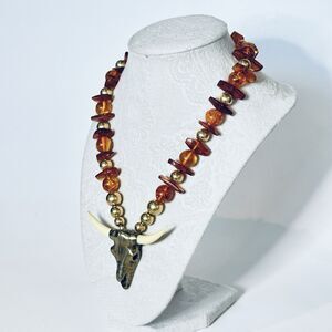 Native Longhorn Bull Skull Necklace 24kt Gold Filled  Amber Western Rodeo Boho